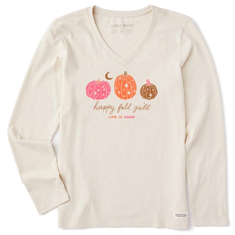 Women’s Woodcut Celestial Pumpkins Long-Sleeve Crusher Vee – Putty White