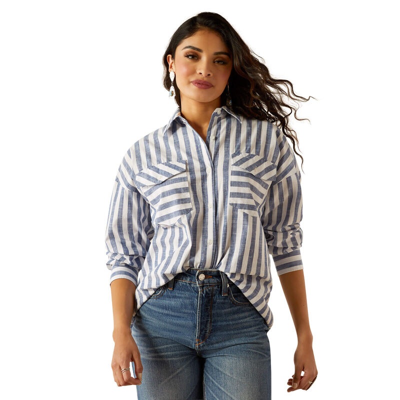 Wms Baggy Button Up Shirt – Coastal Stripe