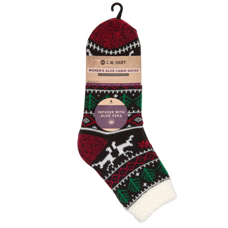 Cozy Cabin Xmas Reindeer Sock With Aloe – Black/Red/White