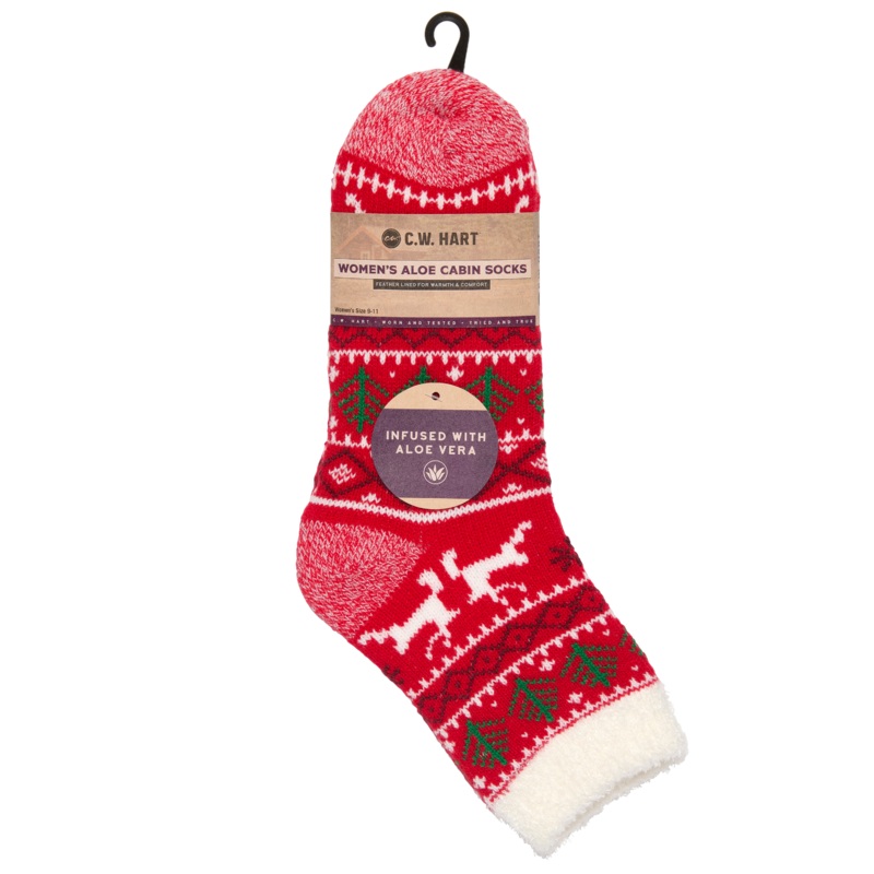 Cozy Cabin Xmas Reindeer Sock With Aloe – Red/White/Green