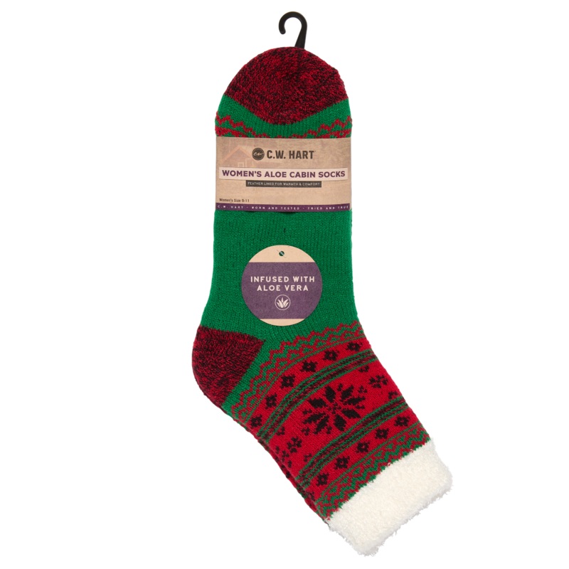 Cozy Cabin Xmas Snowflake Sock With Aloe – Red/Green