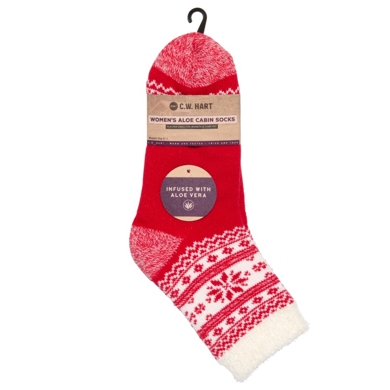 Cozy Cabin Xmas Snowflake Sock With Aloe – Red/White