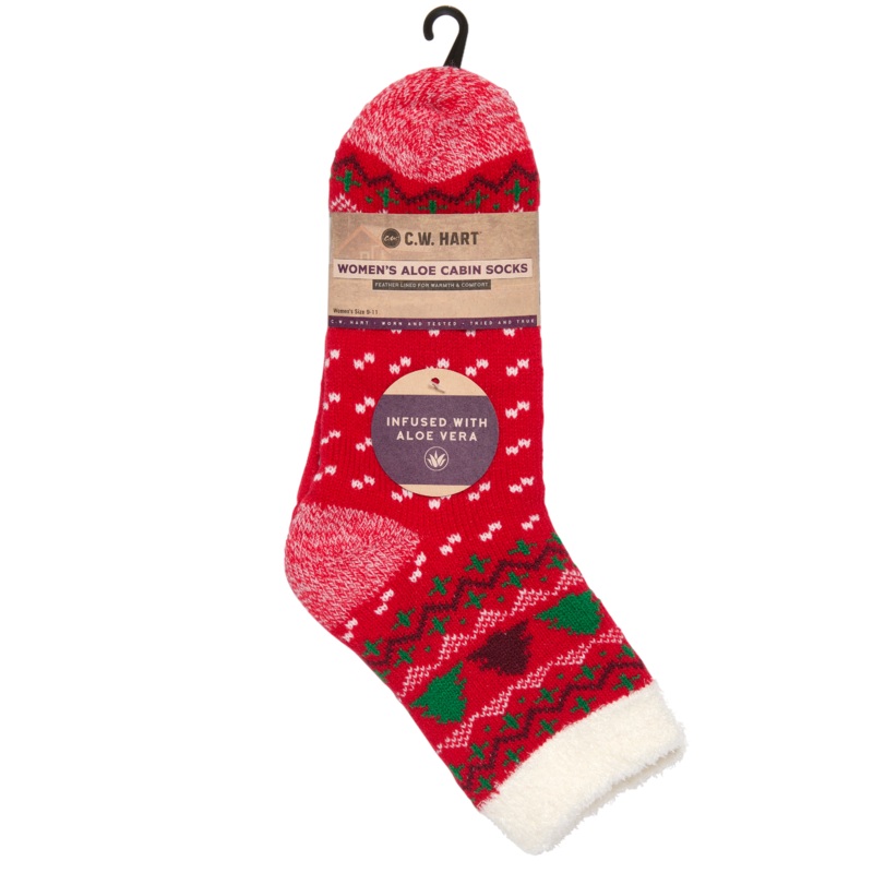 Cozy Cabin Xmas Tree Sock With Aloe – Red/White