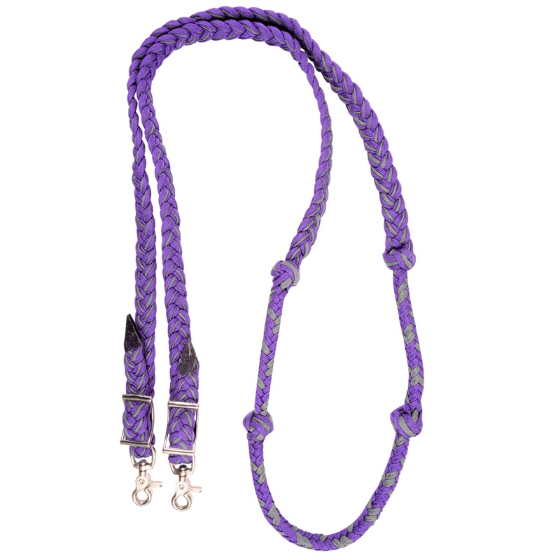 Braided Barrel Rein with Knots – Purple / Steel Grey