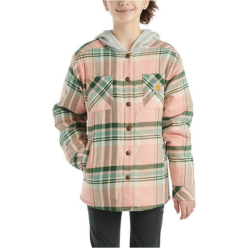 Girls’ Long-Sleeve Flannel Snap Front Hooded Shirt Jacket – Tropical Peach