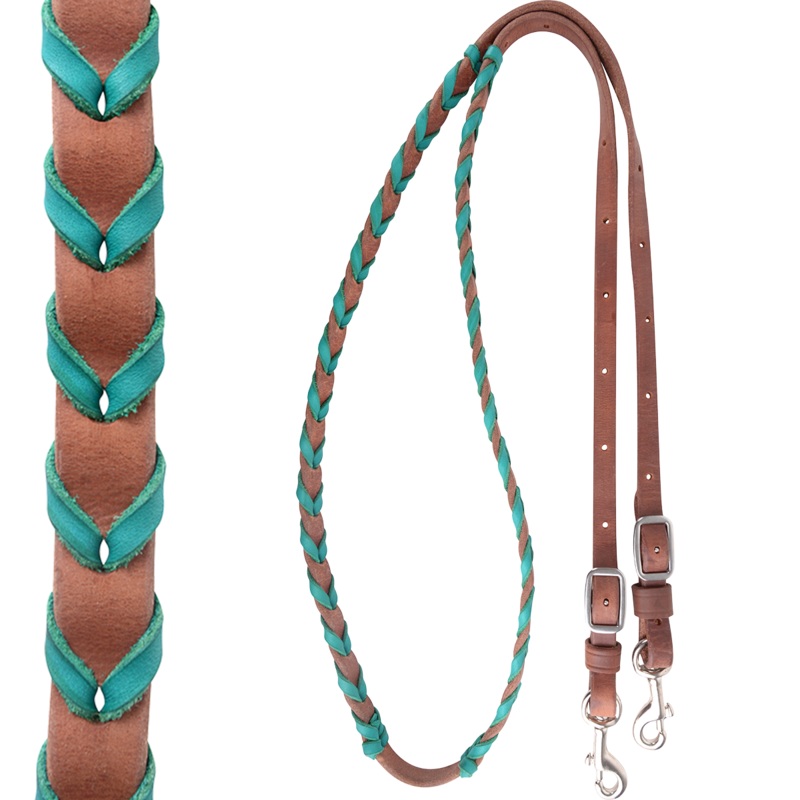 Latigo Laced Barrel Rein with Buckle and Keeper Snap Ends – Turquoise