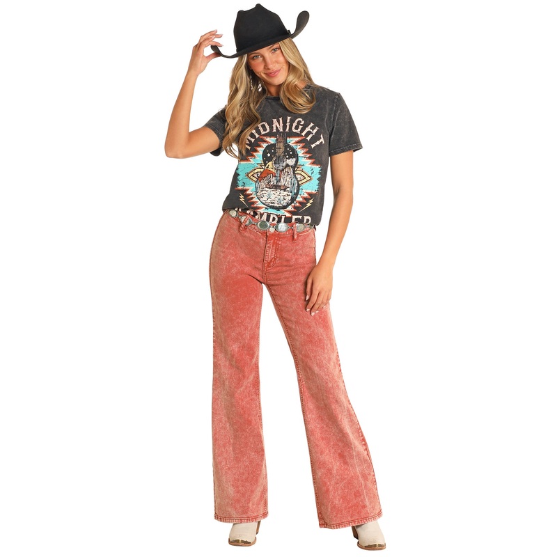 Bargain Bell Button Wide Leg Flare Jean – Rust