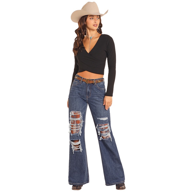 High-Rise Patched Distressed Wide Leg Flare Jean