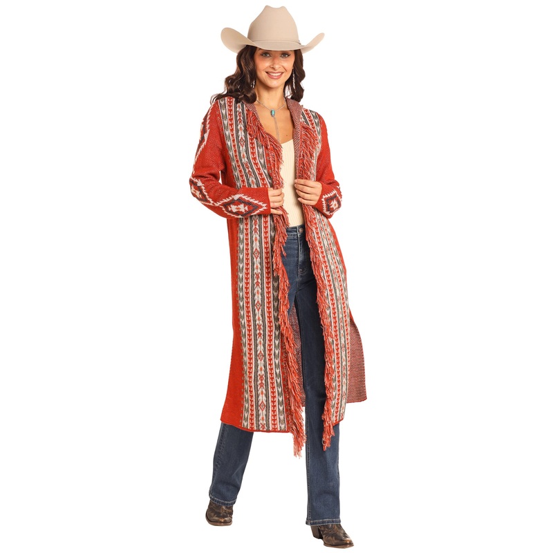 Long Cardigan Sweater – Rust Aztec