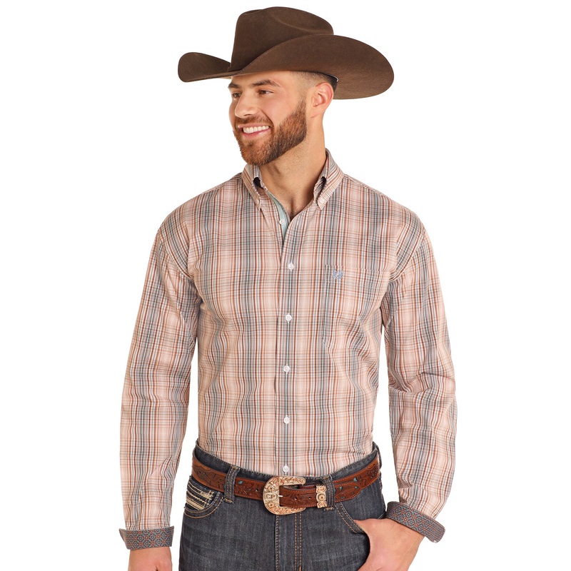 Rough Stock Long Sleeve Button Down – Tan Ombre Plaid