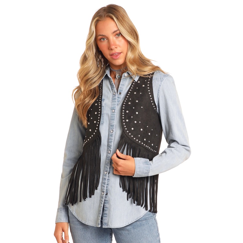 Studded Fringe Vest – Black|Rust|S|M|L|XL