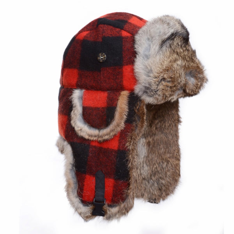 Original Wool Bomber – Red and Black Plaid with Brown Fur