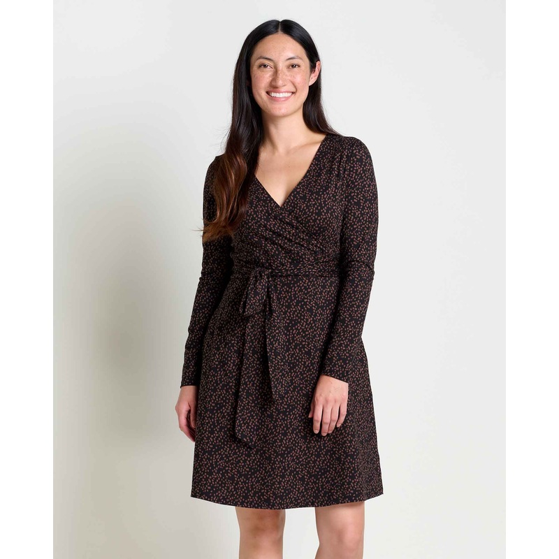 Women’s Cue Wrap Long-Sleeve Dress – Black Dot Print