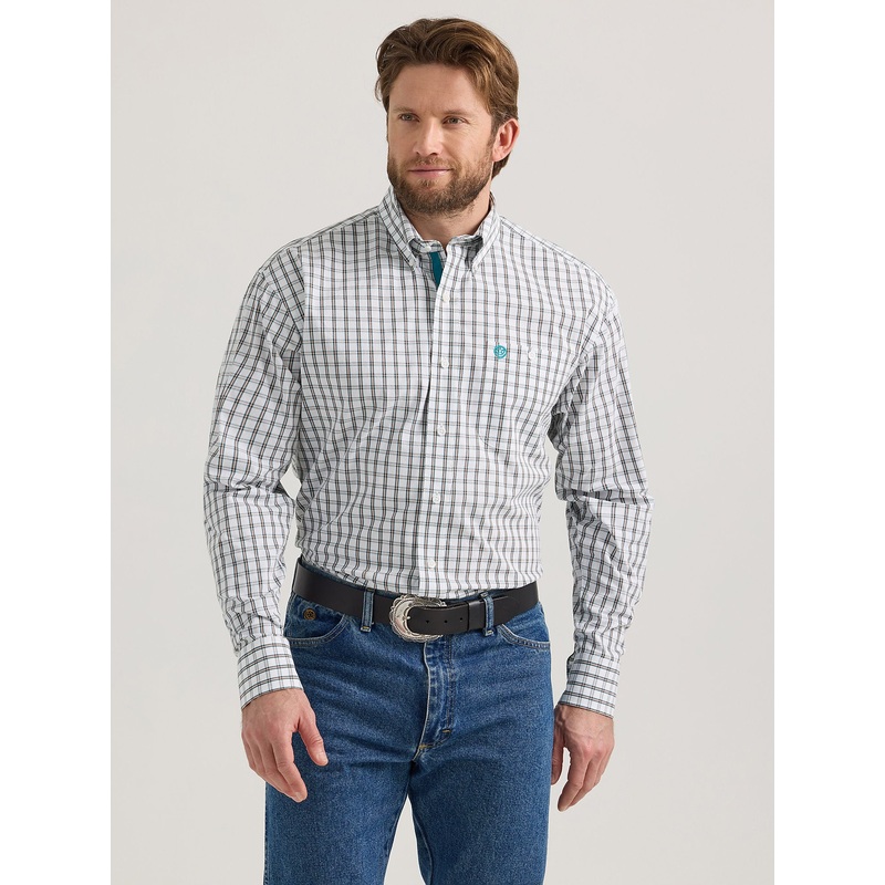 Men’s George Strait Long Sleeve Button Down One Pocket Shirt – White Caramel Pane