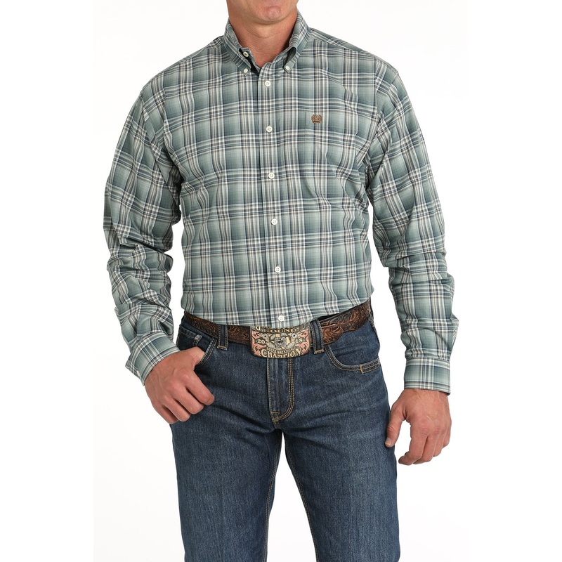Men’s Plaid Button-Down Western Shirt – Green – (MTW1105813)