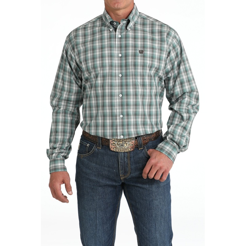Men’s Plaid Print Button-Down Western Shirt – Green – (MTW1105828)