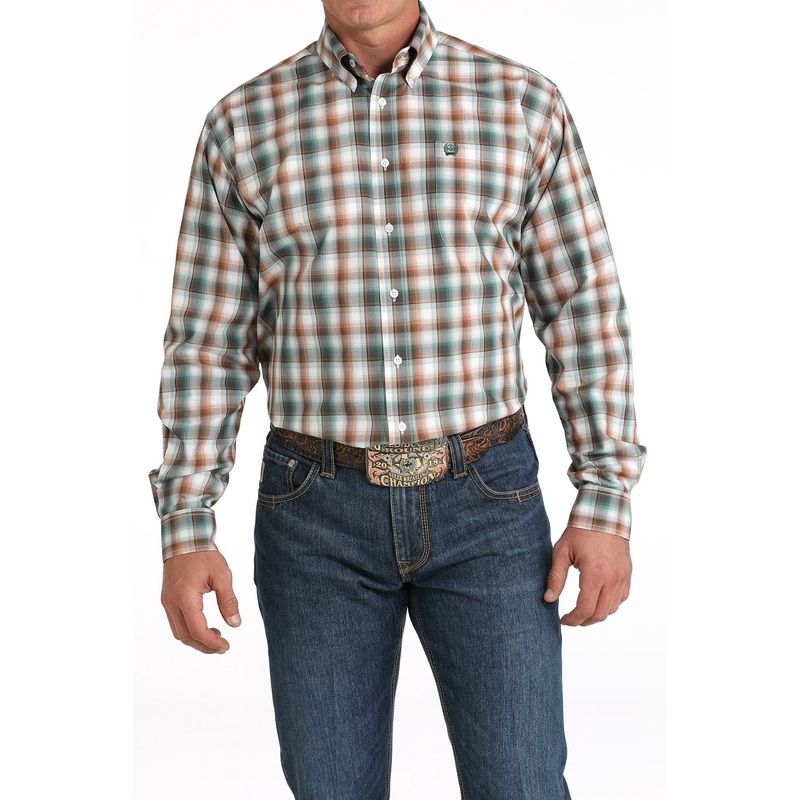 Men’s Plaid Print Button-Down Western Shirt – White – (MTW1105824)