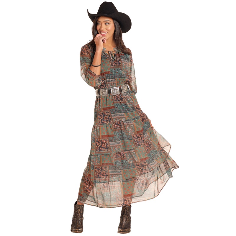 Tiered Chiffon Patchwork Dress with Smocking
