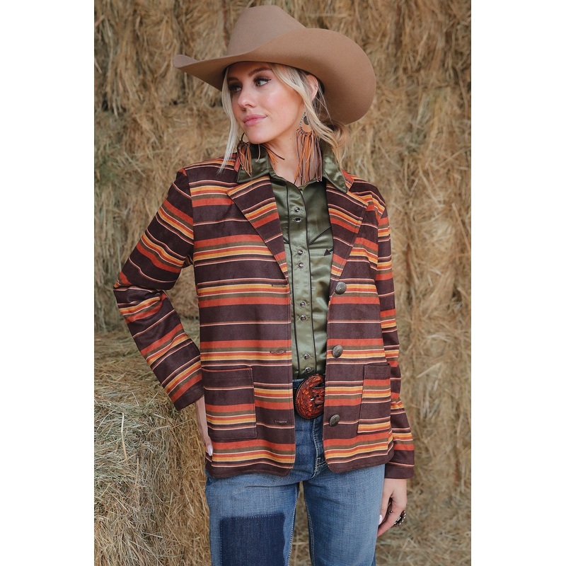 Women’s Boyfriend Fit Stripe Blazer – Brown/Yellow/Orange – (CWJ7494001)