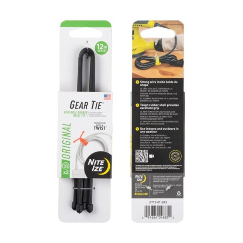 Gear Tie Reusable Rubber Twist Tie 2 Pk – Black 12 In