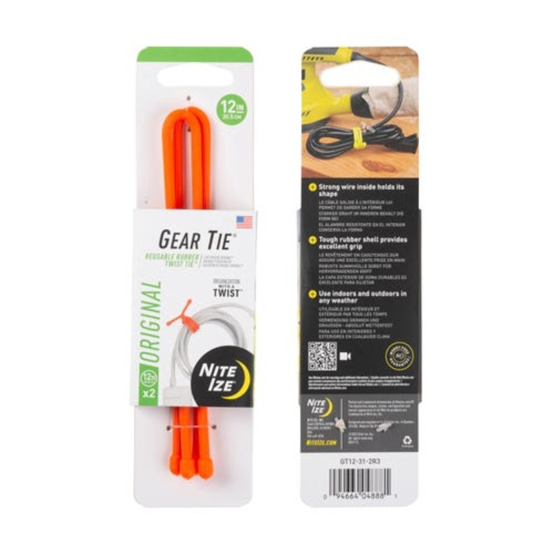 Gear Tie Reusable Rubber Twist Tie 2 Pk – Bright Orange 12 In