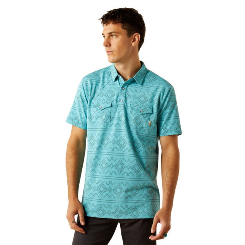 Mns Retro Western Snap Polo – Lt Blue Southwest