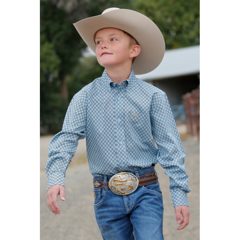 Boy’s Geometric Print Button-Down Western Shirt – Light Blue – (MTW7060351)