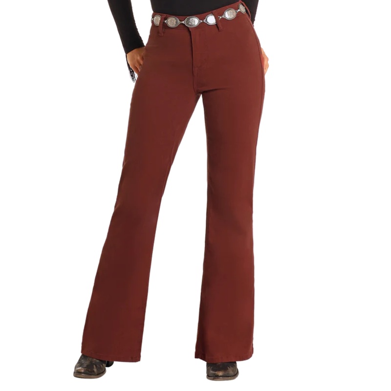 High Rise Wide Leg Flare Jeans – Brick Red