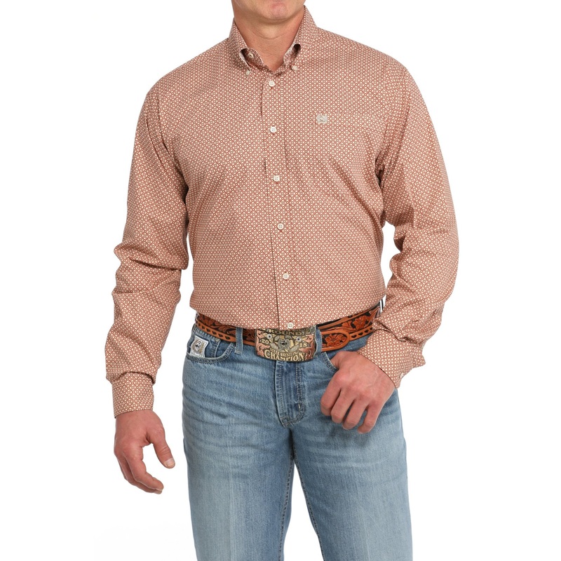 Men’s Geometric Print Button-Down Western Shirt – Orange – (MTW1105845)