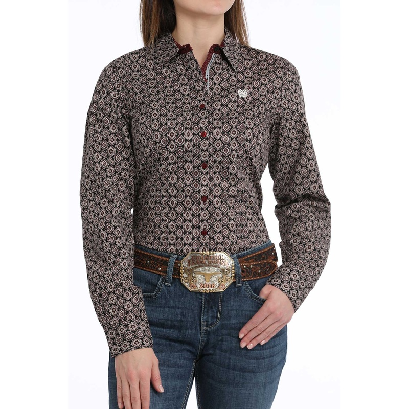 Women’s Medallion Print Button-Down Western Shirt – Black – (MSW9165062)