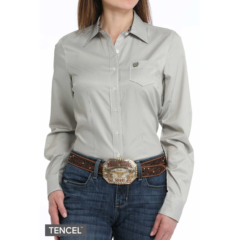 Women’s Stripe Button-Down Western Shirt – Olive/White – (MSW9164233)