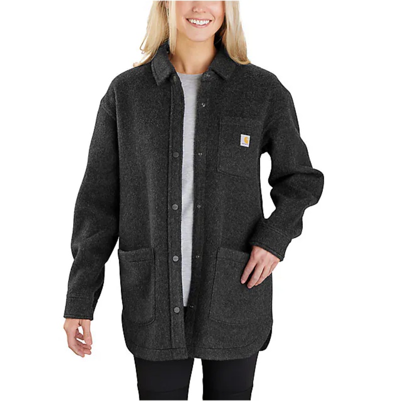 Women’s Loose Fit Brushed Fleece Shirt Jacket – Black Heather