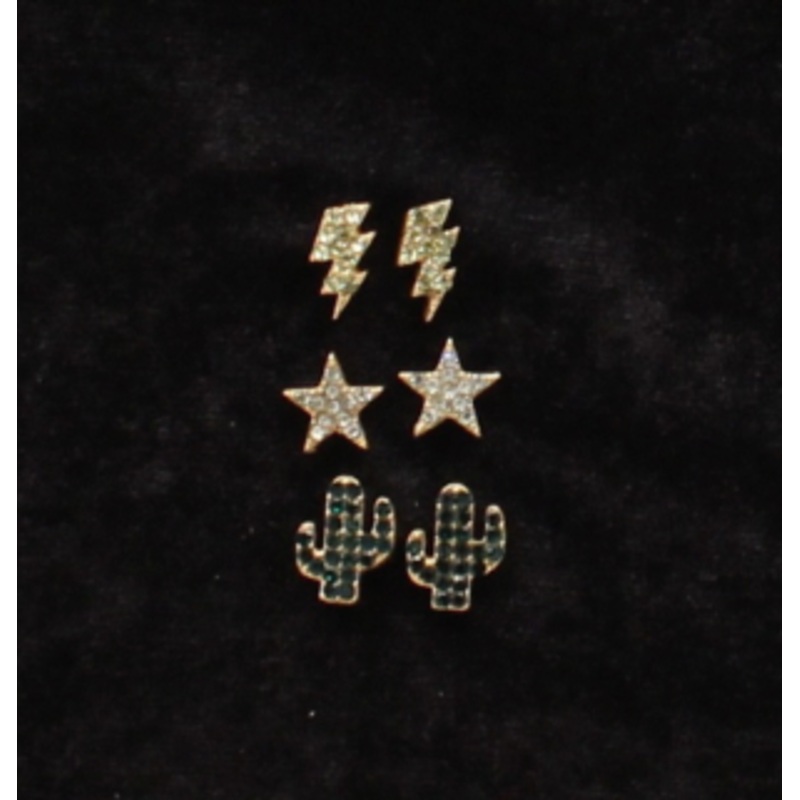 3 Pair Western Stud Earring Set – Cactus, Star & Lighting Bolt