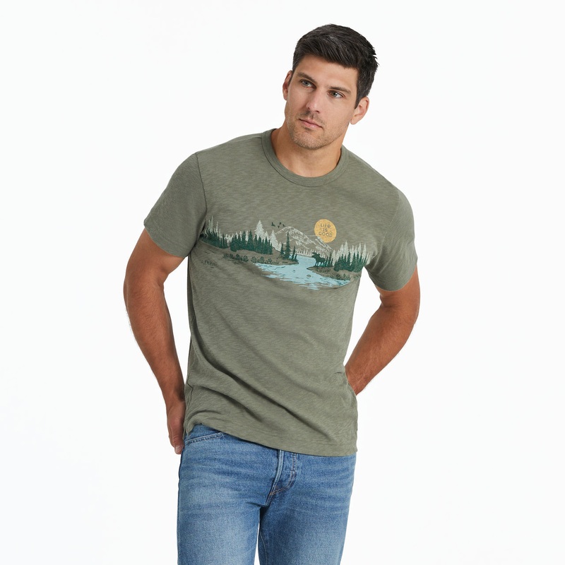 Men’s Rural Linework Landscape Slim Fit Slub Tee – Moss Green