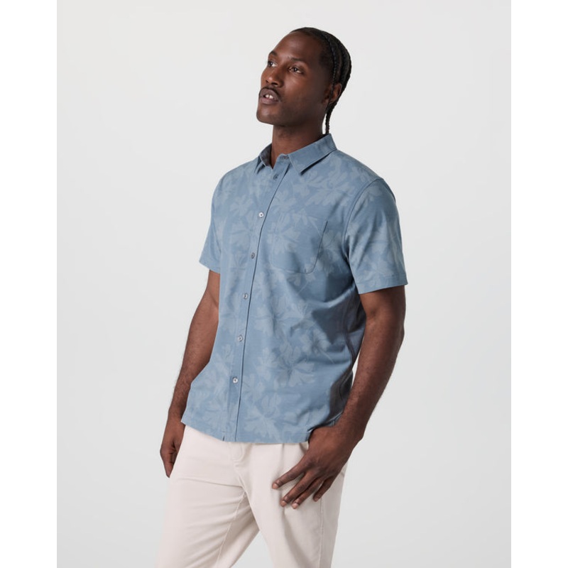 Short-Sleeve Bridge Button Down – Dusty Blue Plumeria