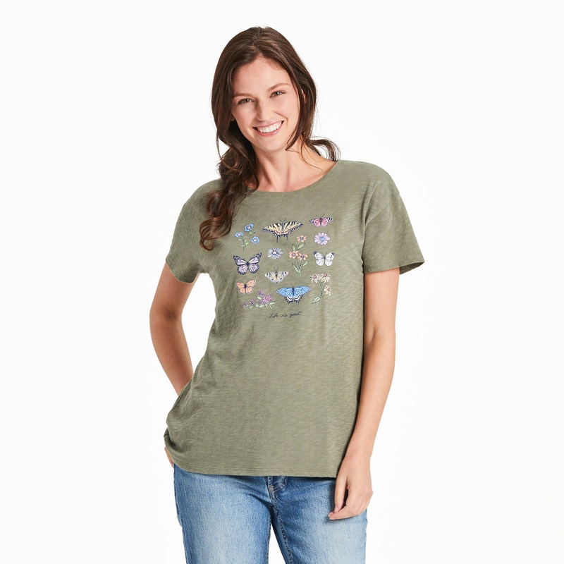 Women’s Butterflies & Wildflowers Easy Fit Slub Tee – Moss Green