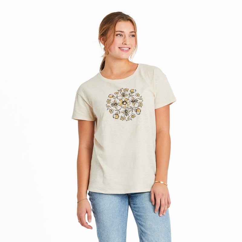 Women’s Floral Bee Mandala Easy Fit Slub Tee – Putty White