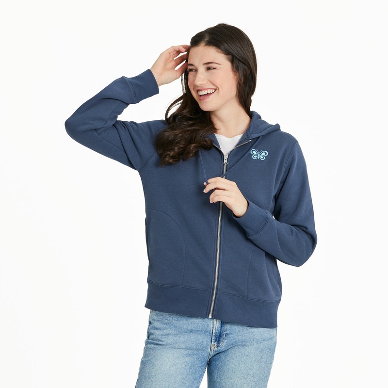 Women’s Simple Butterfly Good Vibes Fleece Zip Hoodie – Darkest Blue