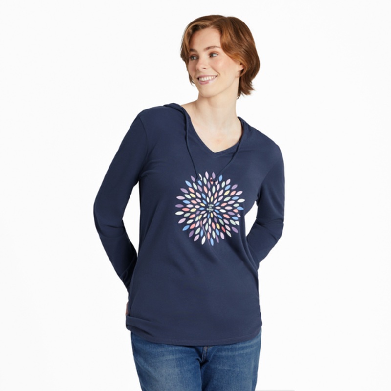 Women’s Pretty Flower Burst Long-Sleeve Crusher-LITE Hooded Tee – Darkest Blue