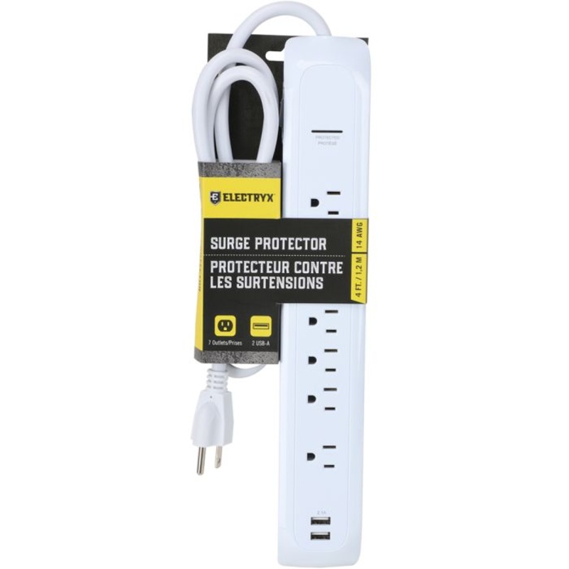 7-Outlet Surge Protector with 2 USB Ports – 4ft Cord