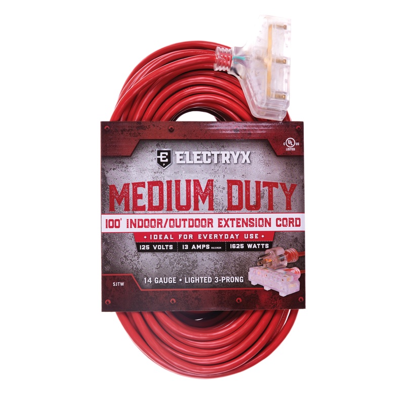 Medium Duty Indoor/Outdoor 3 Plug Extension Cord – 14 Gauge – Red