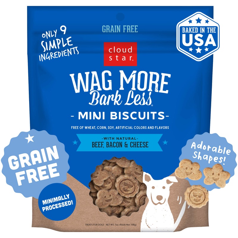 Wag More Bark Less Grain Free Mini Dog Biscuits (Beef, Bacon & Cheese) – 7oz
