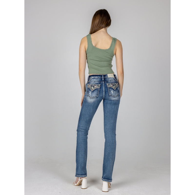 Women’s Pastel Embroidered Floral Distress Bootcut Jean