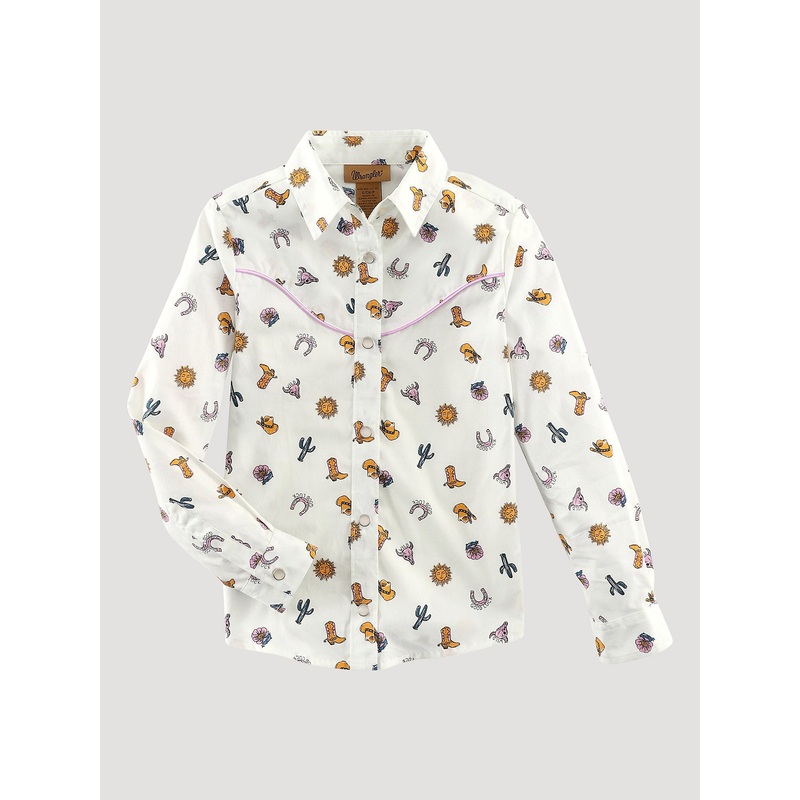 Girl’s Cacti Cowgirl Boot Western Snap Shirt In White