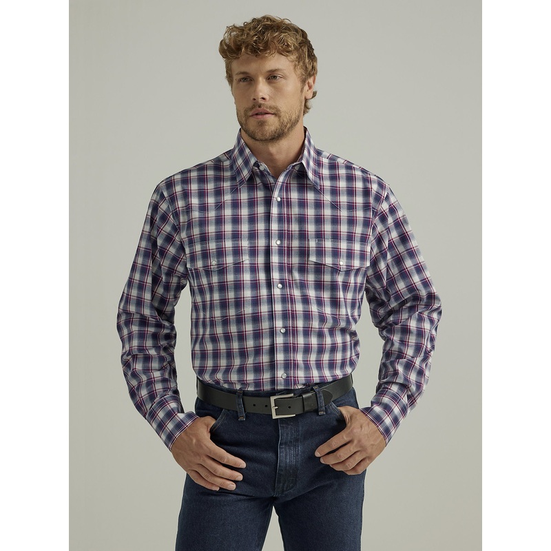 Men’s Wrinkle Resist Long Sleeve Western Snap Plaid Shirt In Corsair