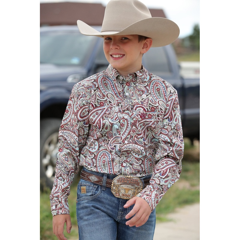 Boy’s Match Dad Paisley Print Button-Down Long Sleeve Western Shirt