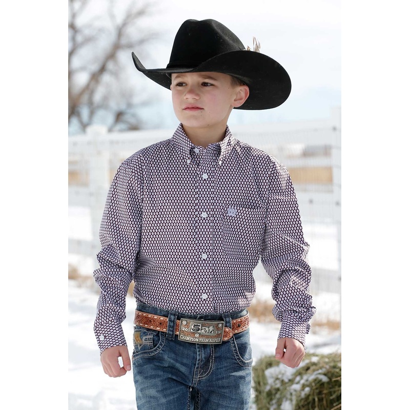 Boy’s Match Dad Geometric Print Button-Down Long Sleeve Western Shirt