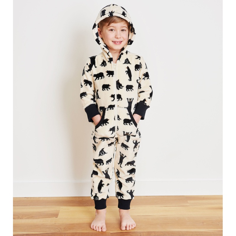 Kids Black Bears Hooded Fleece Jumpsuit