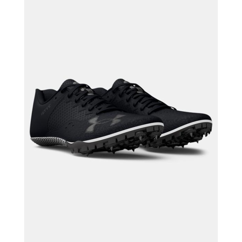 Unisex Adults’ UA Kick Sprint 4 Track Spikes – Black/White/Metallic Tin